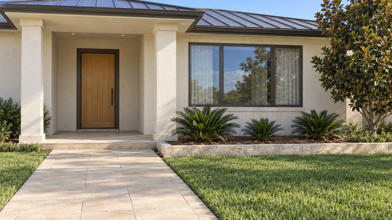 Cream stucco home with a shaded timber entry, bronze-framed window, sand-colored paver approach and curated planting.