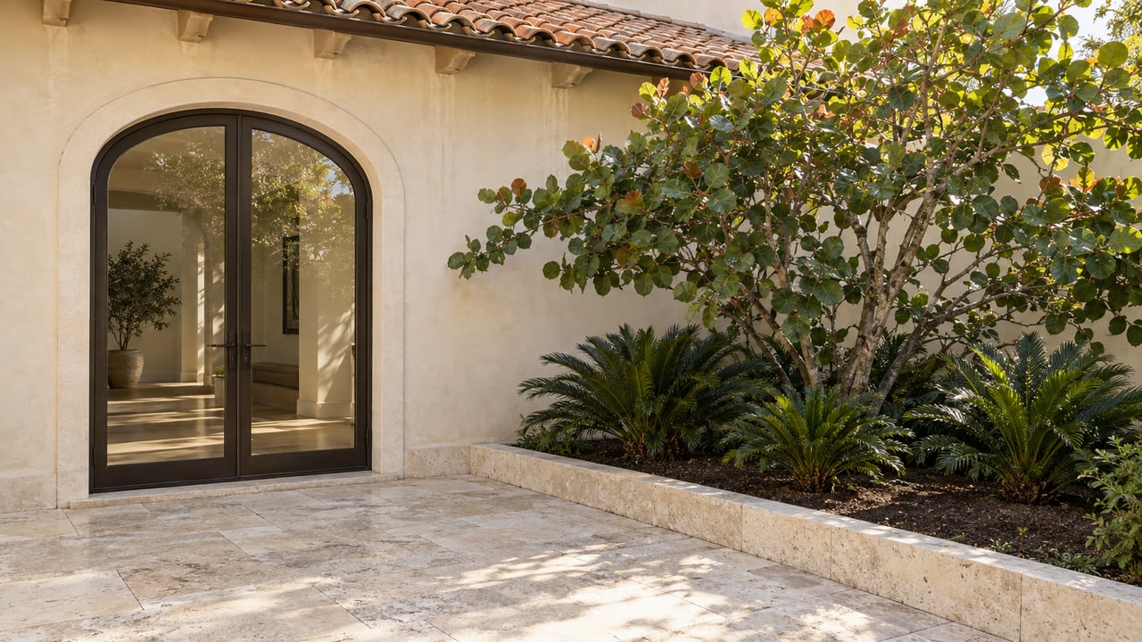 Pale stucco home with an arched bronze-framed glass doorway, limestone terrace and a sea grape tree in a raised garden bed.