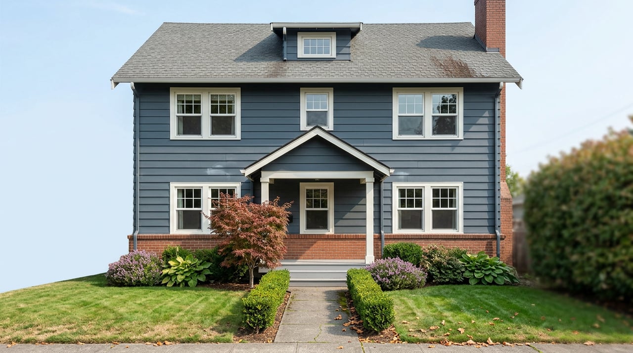 Slate-blue two-story house with a central dormer, brick base, white-trimmed windows, and a small porch.