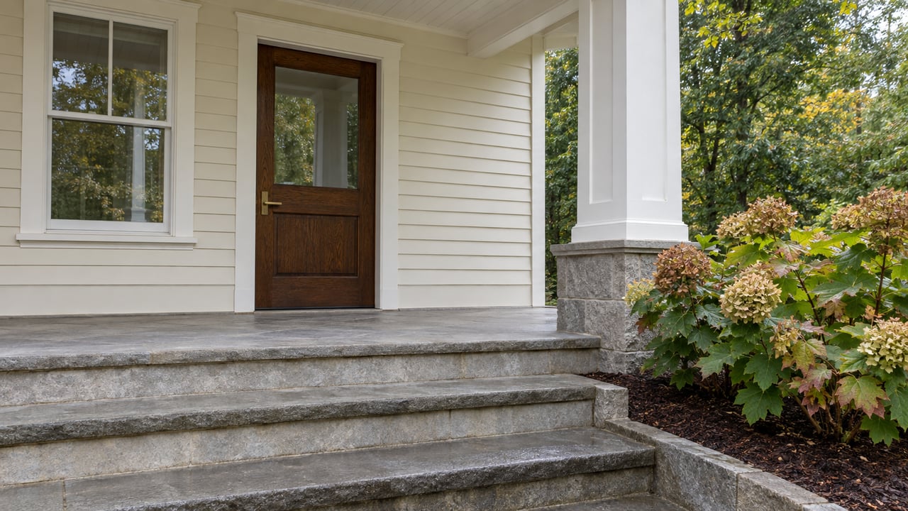 Cream clapboard home entrance with a dark oak door, covered limestone landing and steps beside two oakleaf hydrangeas.