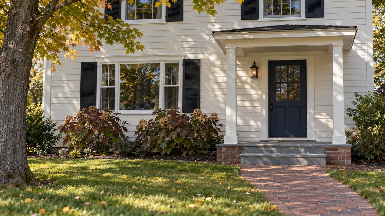 Ivory clapboard home with black shutters, a navy entry door, worn brick walk and autumn foliage beside a raised stone stoop.