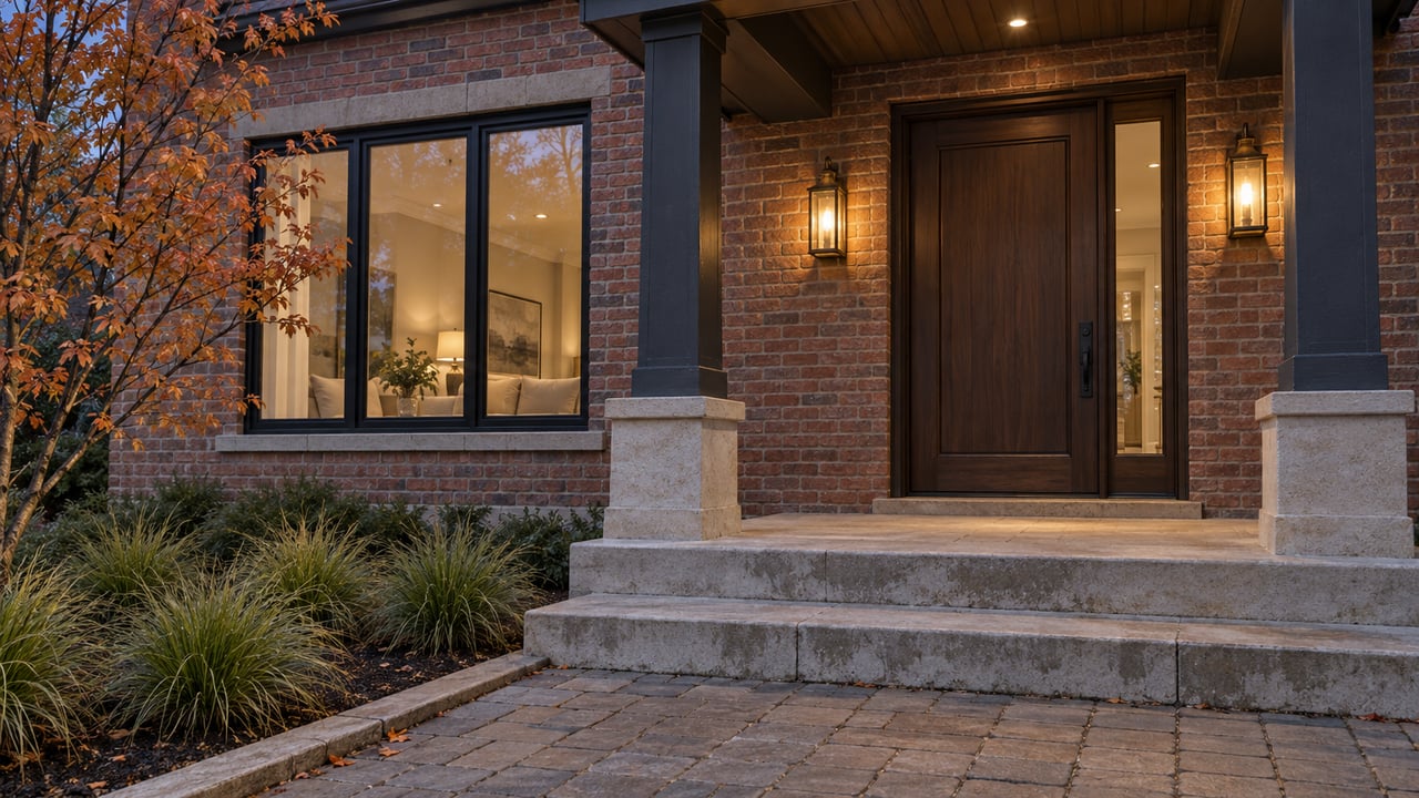 Brick home entrance at blue hour with a walnut door, paired bronze lights, limestone steps and orange serviceberry leaves.