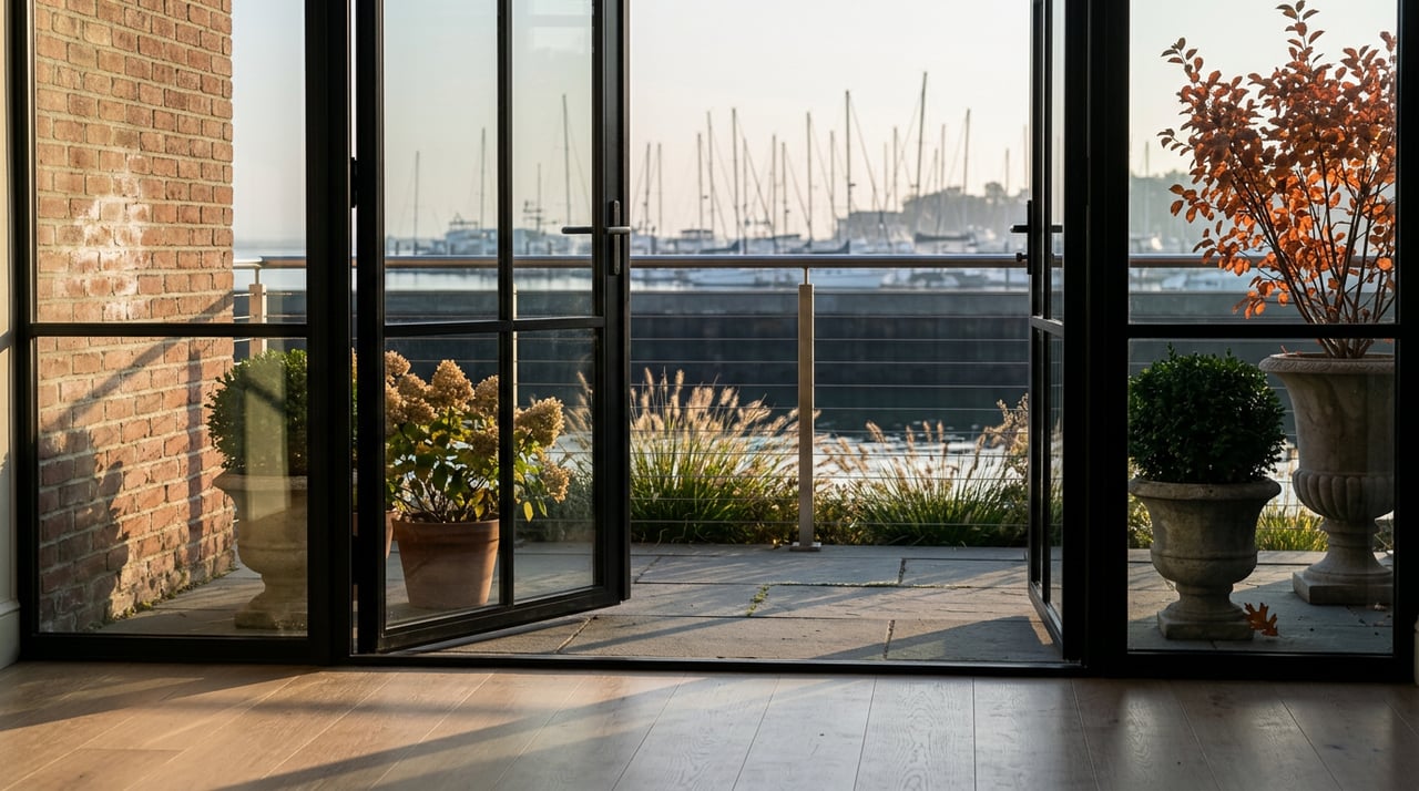 Open steel-and-glass doors frame a brick terrace with orange foliage, stone urns, and harbor masts.