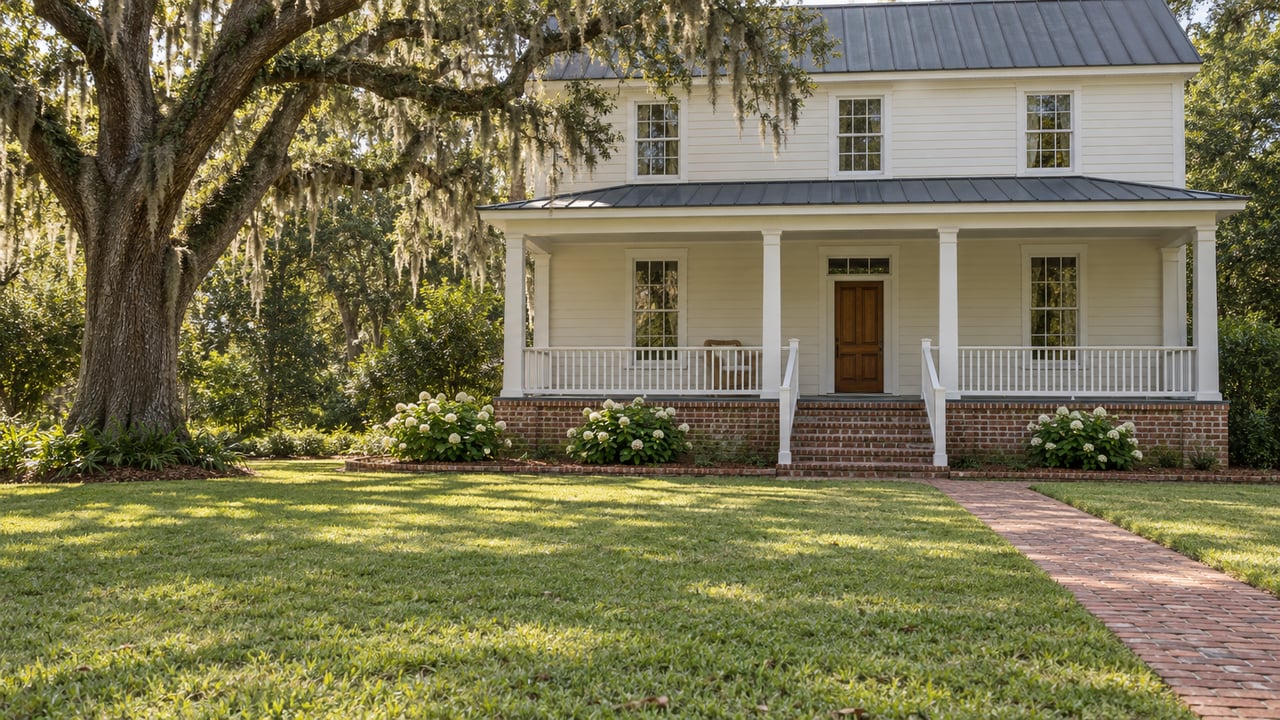 Ivory timber house with a deep front porch, brick foundation and broad lawn beneath a spreading live oak.