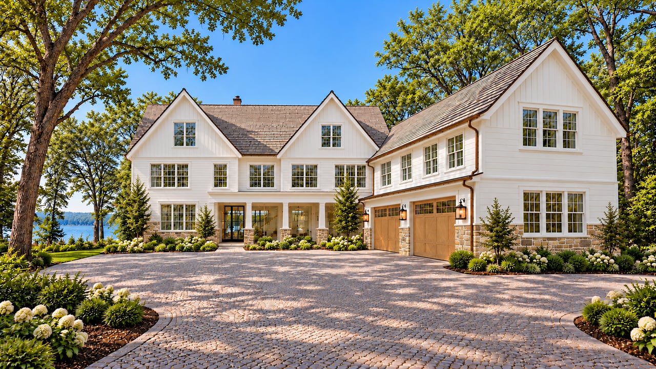 White two-story home with twin garage doors, a cobblestone driveway, and a glimpse of water.