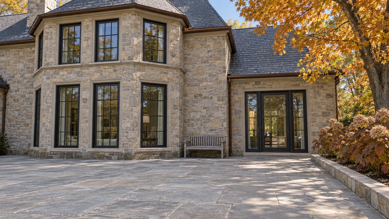 Low view across a limestone terrace toward a substantial stone home with black-framed windows, slate roof and an autumn maple.