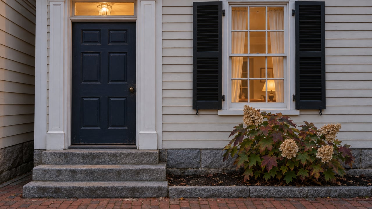 Ivory clapboard townhome entry with a navy door, white trim, granite steps, brick paving, and an oakleaf hydrangea in early evening light.