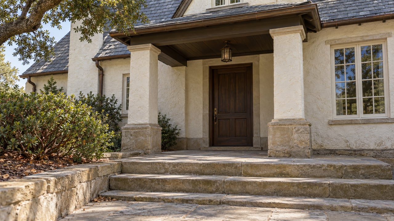 Stucco home entrance with a dark wood door, stone porch columns, broad steps, and slate roof.