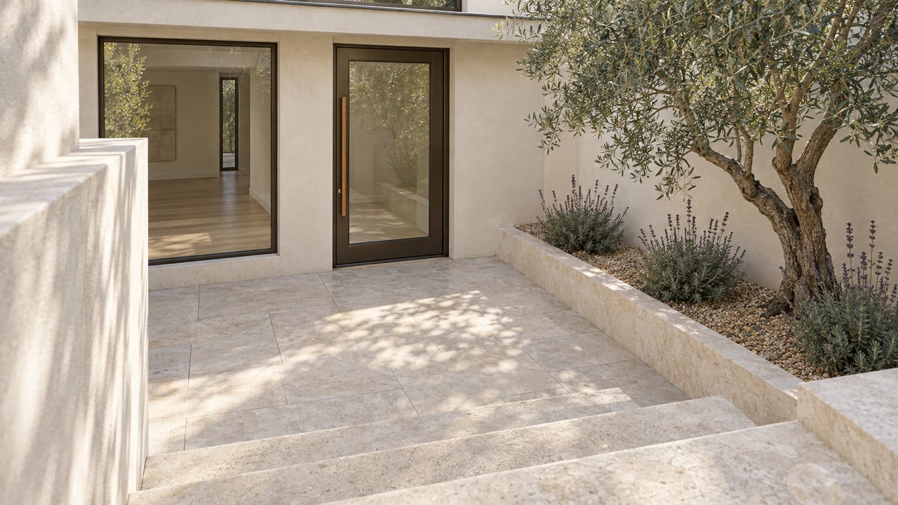 Elevated view of a cream-stucco home's limestone entry courtyard, closed bronze-framed glazing and a raised olive and sage planting bed.
