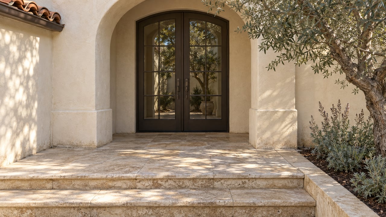 Ivory stucco arched entry with bronze glazed double doors, worn limestone steps and a sculptural olive tree.