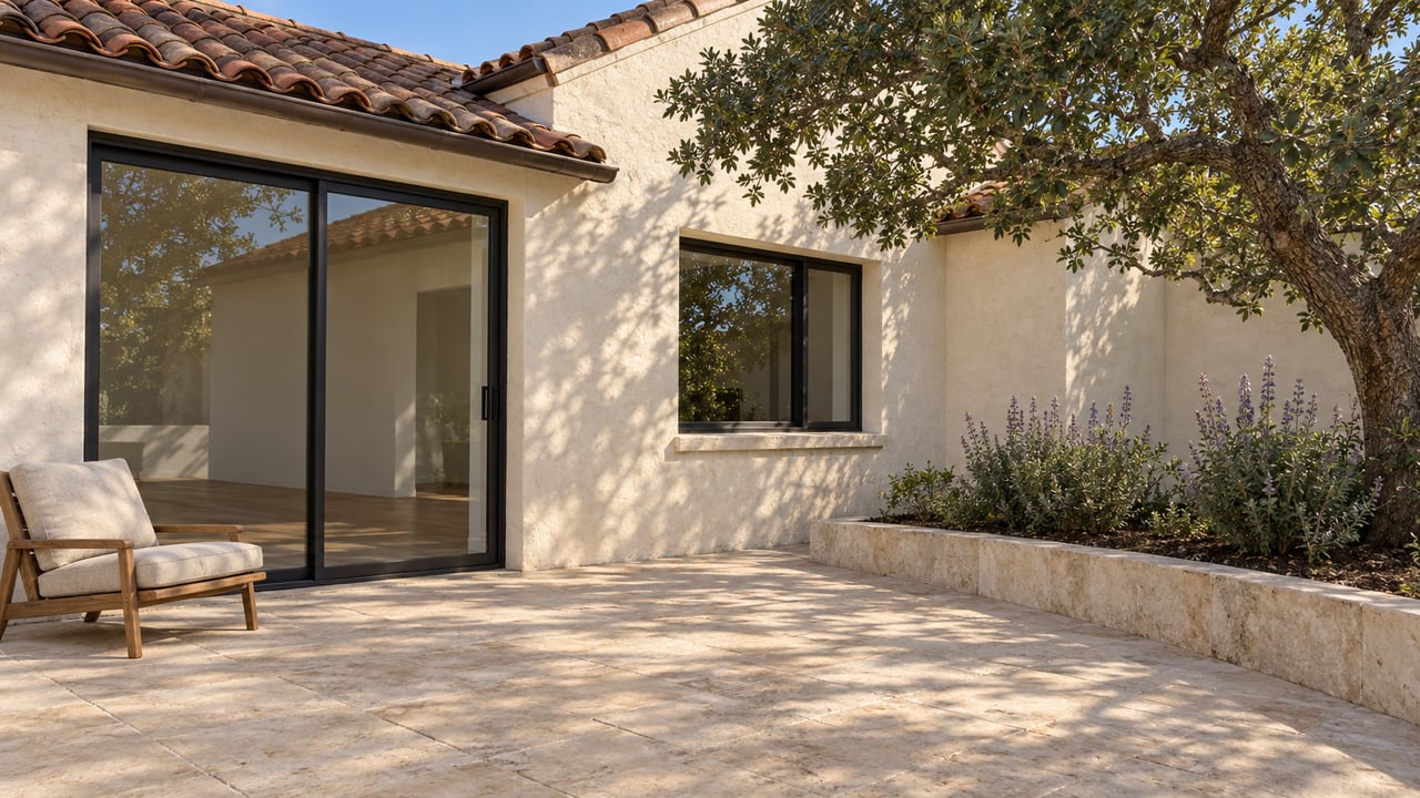 Clay-tile roof and ivory stucco home opening onto a limestone terrace beside a mature oak and a raised sage bed.