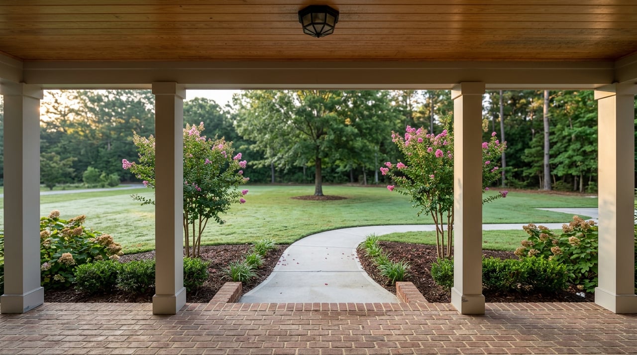 Brick front porch frames a curved walkway, blooming crape myrtles, and a lawn with a canopy tree.