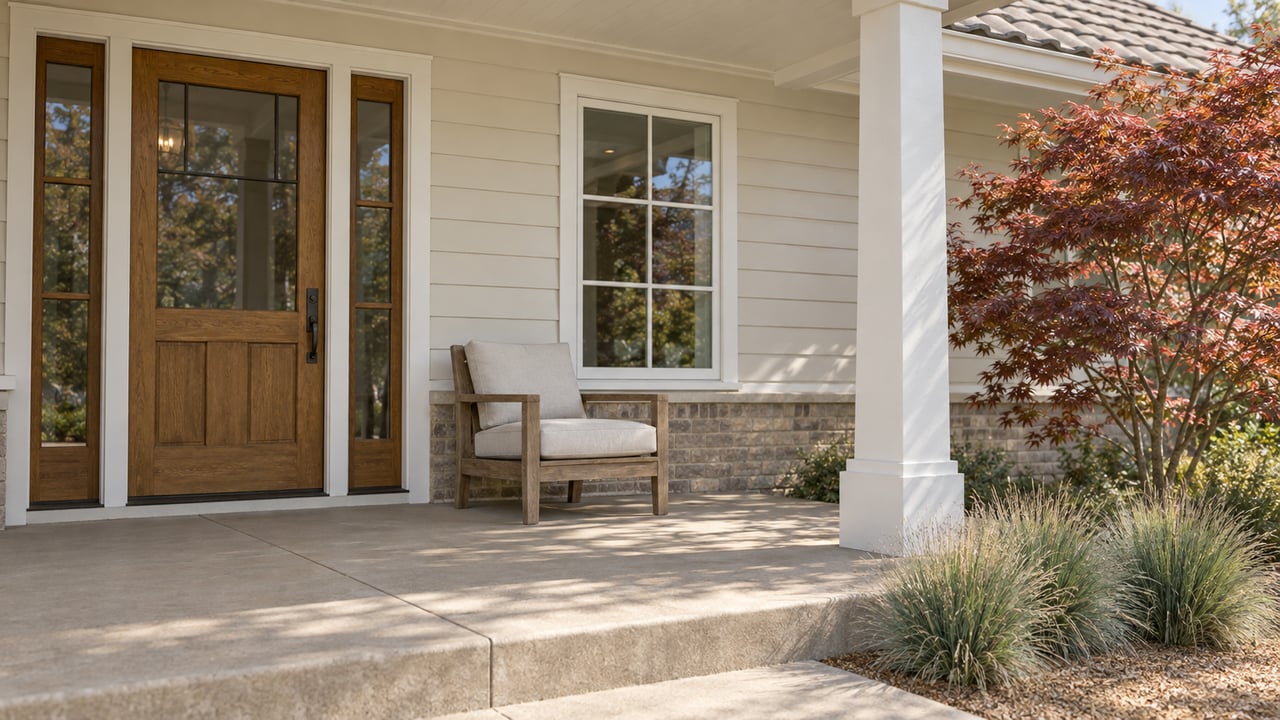 Morning light on a covered porch with cream siding, a glazed oak entry door, tan brick, a teak chair, and a Japanese maple beside ornamental grasses.
