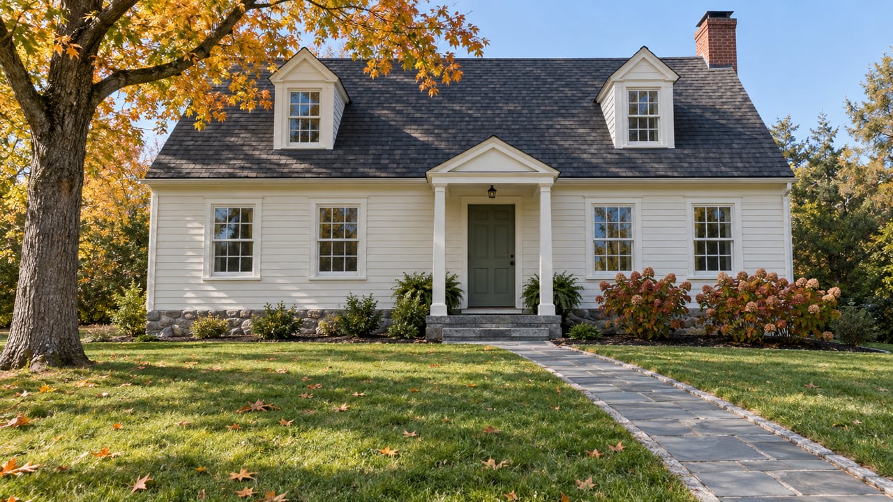 Ivory clapboard house behind a deep autumn lawn, with orange maple foliage, a bluestone walk and a green front door.