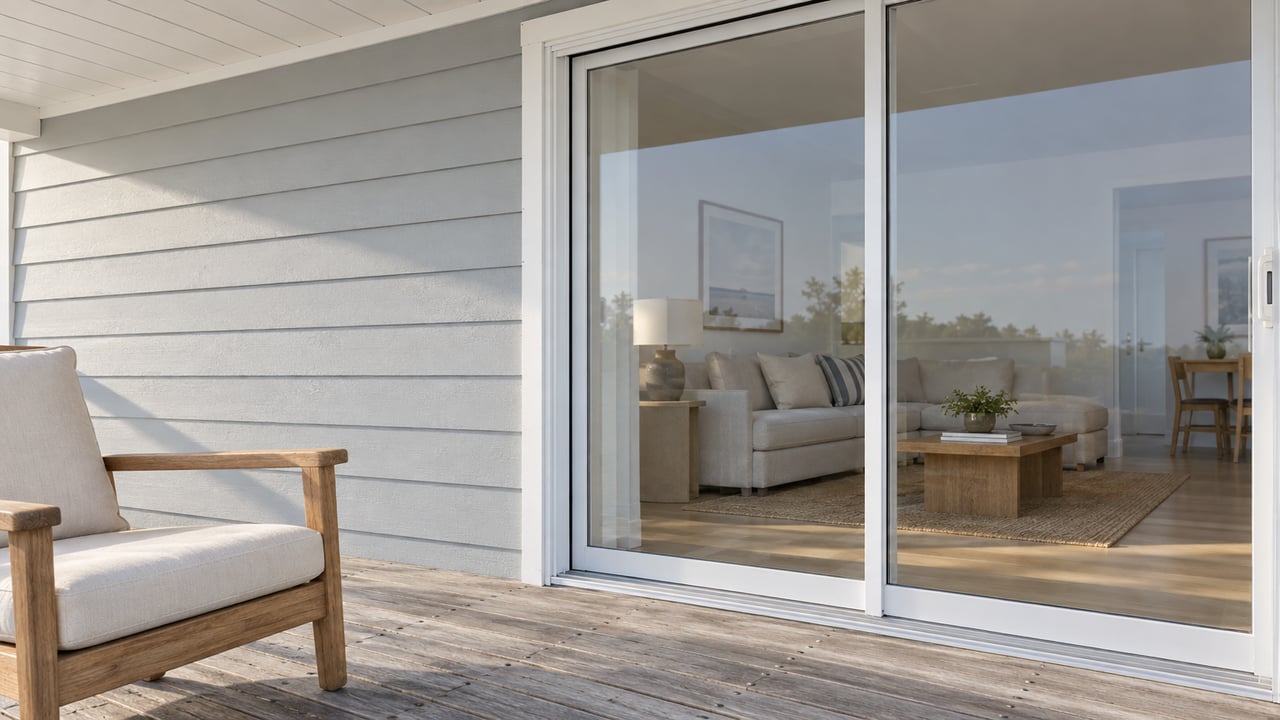 Sunlit elevated porch with pale-gray siding, a closed glass sliding door, silvered timber decking, and a teak lounge chair.