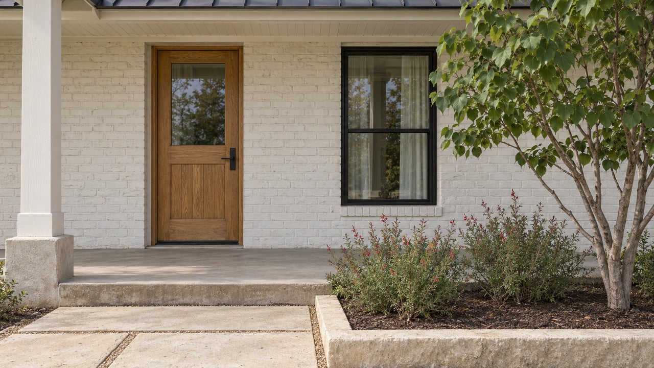 Covered entry with an oak door, white painted brick, a black-framed window and limestone approach beside a small planted bed.