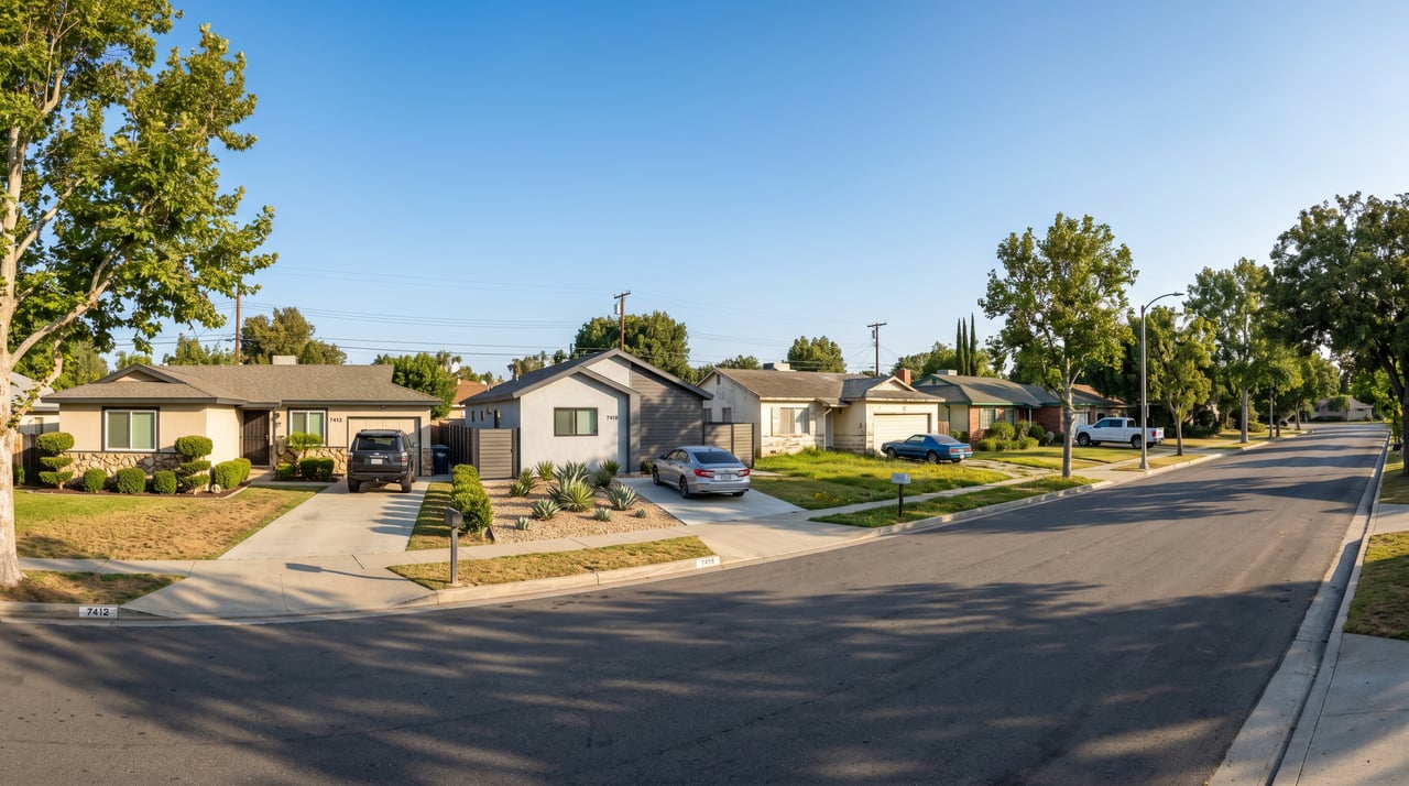 Mid-century ranch homes on a tree-lined Canoga Park street in the west San Fernando Valley, real estate market guide 2026