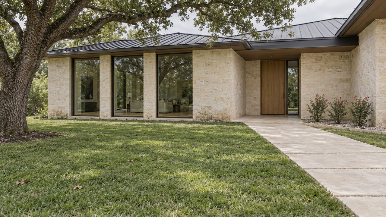 A limestone home with bronze-framed windows and a recessed wood entry, viewed across a deep lawn beneath a spreading oak.