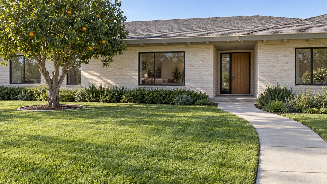 A cream brick ranch home behind a broad green lawn, with an orange tree, dark-framed windows and a curved concrete entry walk.