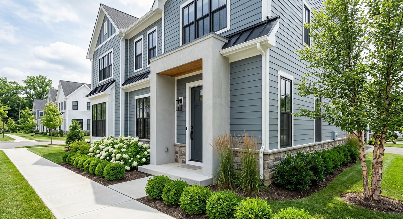 Gray-blue townhome entry with an oak door, black lanterns, stone base, and landscaped shrubs.