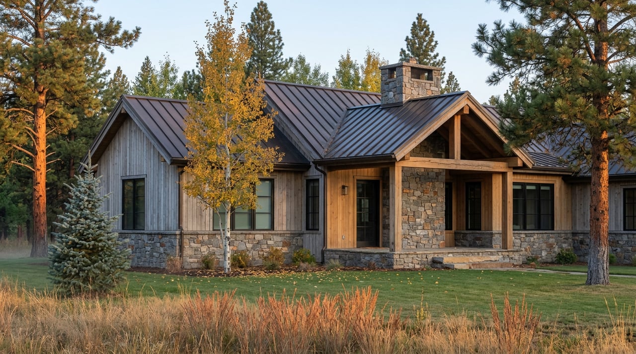 Mountain-modern home with stone and cedar facade, golden aspen, pines, and meadow grass.