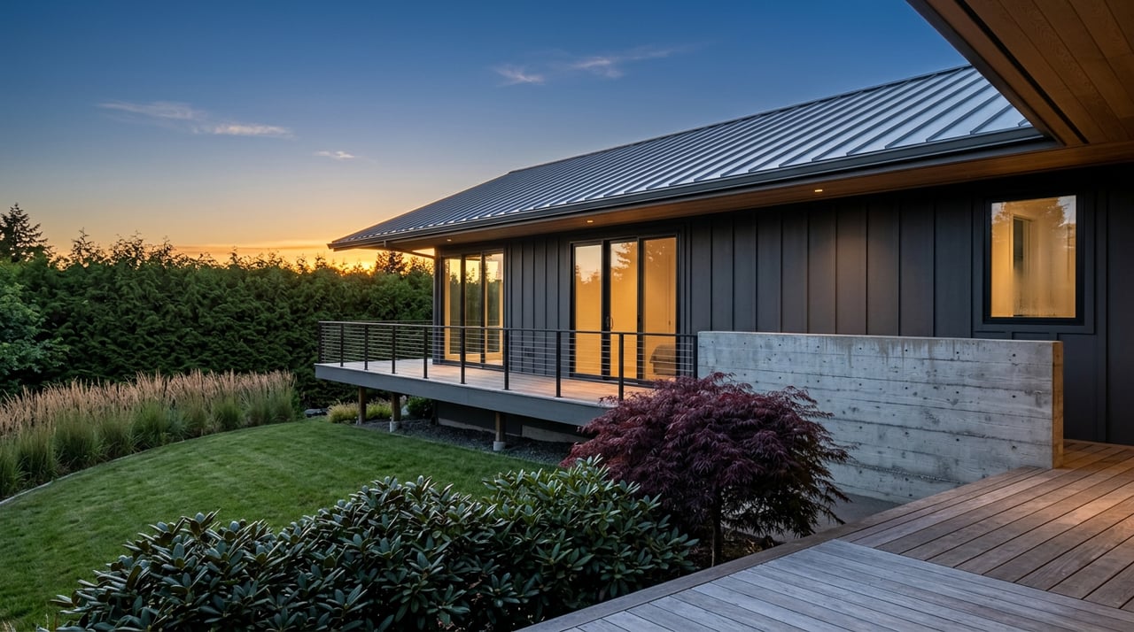 Contemporary home with glowing glass doors, a cable-railed deck, terraced lawn, and red-leaved Japanese maple at dusk.