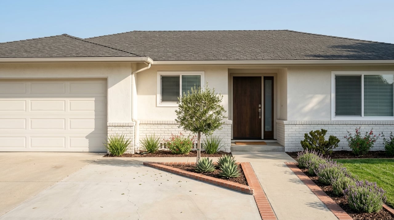 Single-story ranch with a garage, step-free entry, and brick-edged drought-tolerant planting.