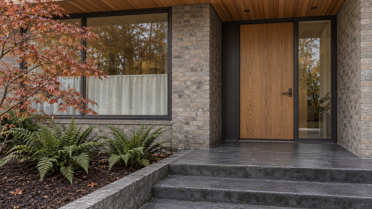 A recessed oak front door beside a broad window, framed by cedar and gray brick, with basalt steps and an autumn maple planting bed.