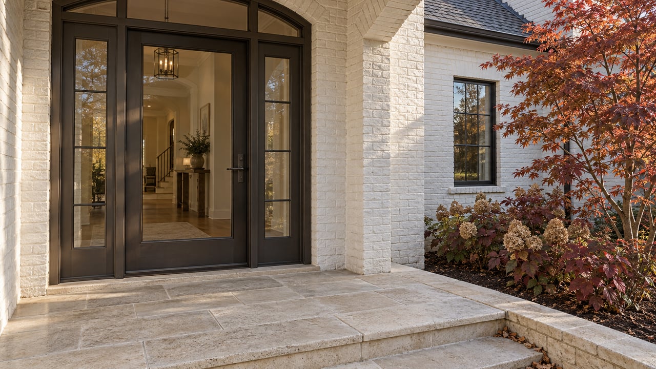 Sunlit white-painted brick entry with bronze-framed glass door, limestone steps and copper-red maple foliage.