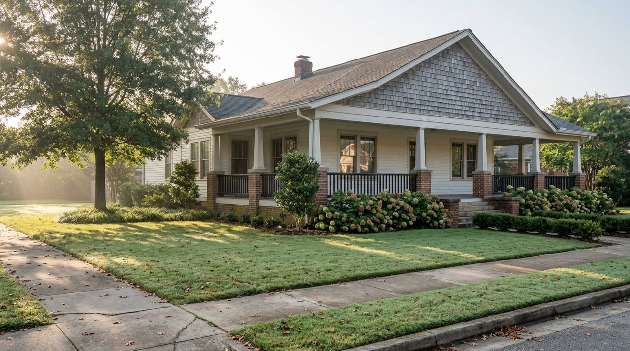 White Craftsman bungalow with a wraparound porch, brick piers, and a mature oak shading its corner-lot lawn.