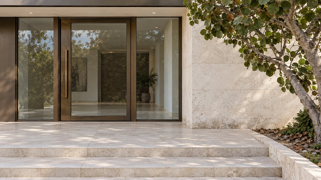 Limestone entry terrace and broad steps beneath a flat overhang, with bronze-framed glass doors and a sculptural sea grape tree.