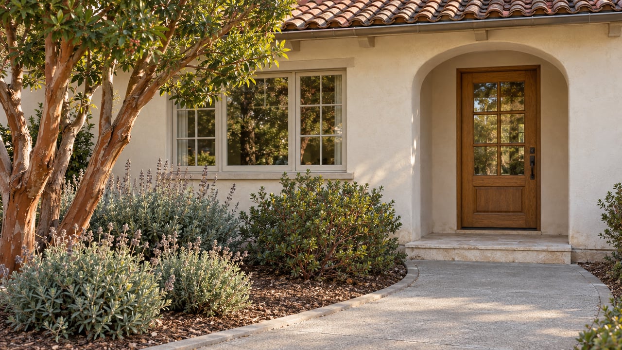 Sunlit stucco home with a tiled roof, glazed wood entry door and a curved garden path beside mature strawberry-tree branches and sage.