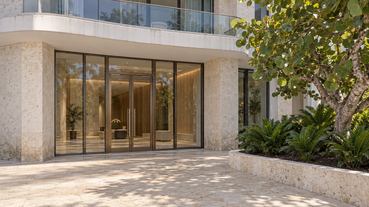 Curved condominium balcony above a limestone and glass entrance, with a mature sea grape tree in a raised stone planting bed.