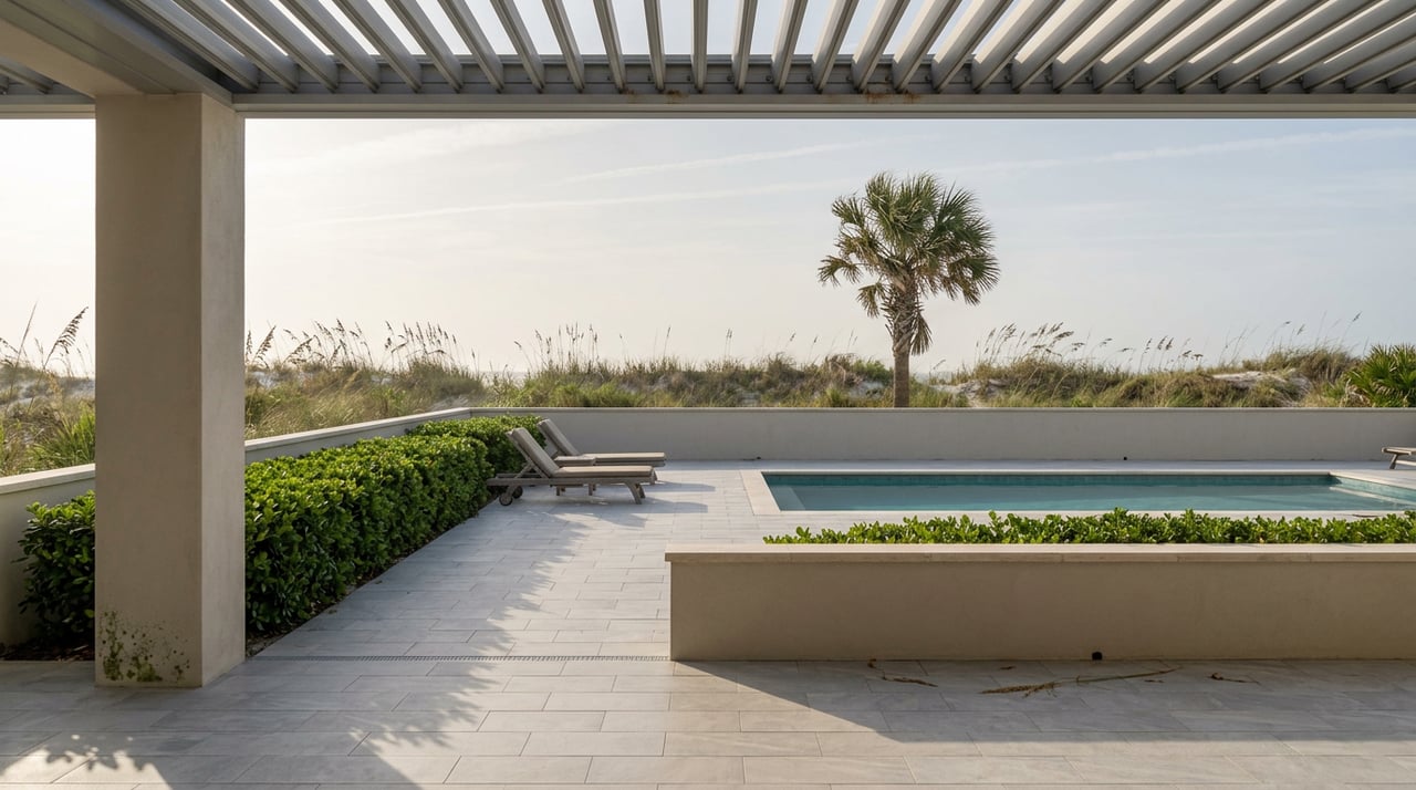 A turquoise pool and teak loungers sit beyond a shaded terrace, with sea oats and a palmetto on the dune.