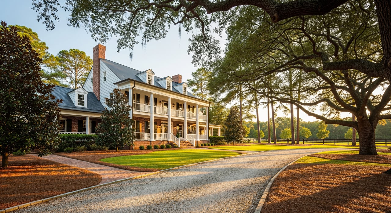 White mansion with columned porches and brick chimneys beside a curving driveway under oak trees.