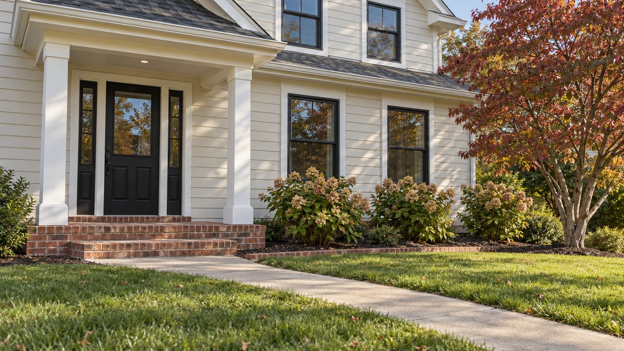 Ivory-sided two-story home with black windows, a brick entry porch, broad lawn and autumn dogwood.