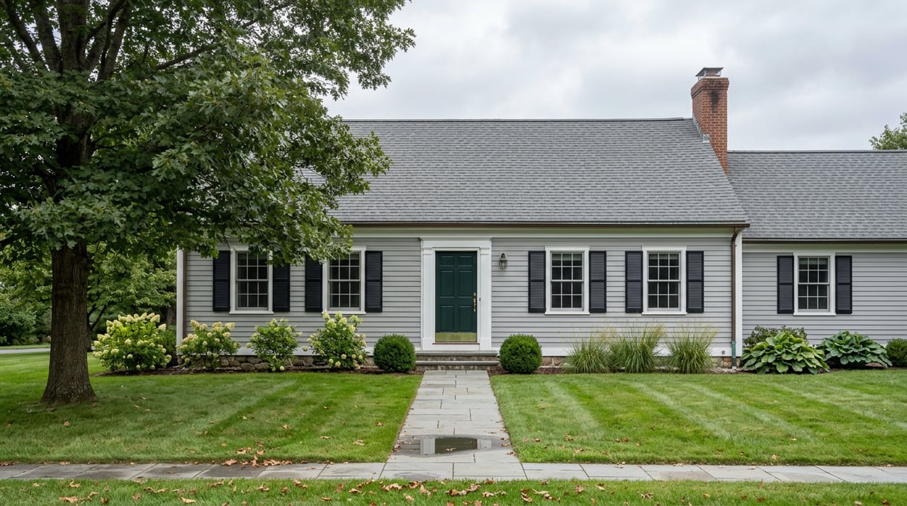 Gray colonial house with green front door, black shutters, stone foundation wall, and oak tree beside a lawn.