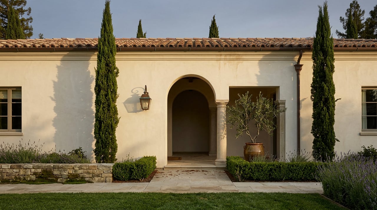 Cream stucco estate entrance with a rounded arch, terracotta roof, flanking cypress trees, and a stone garden path.