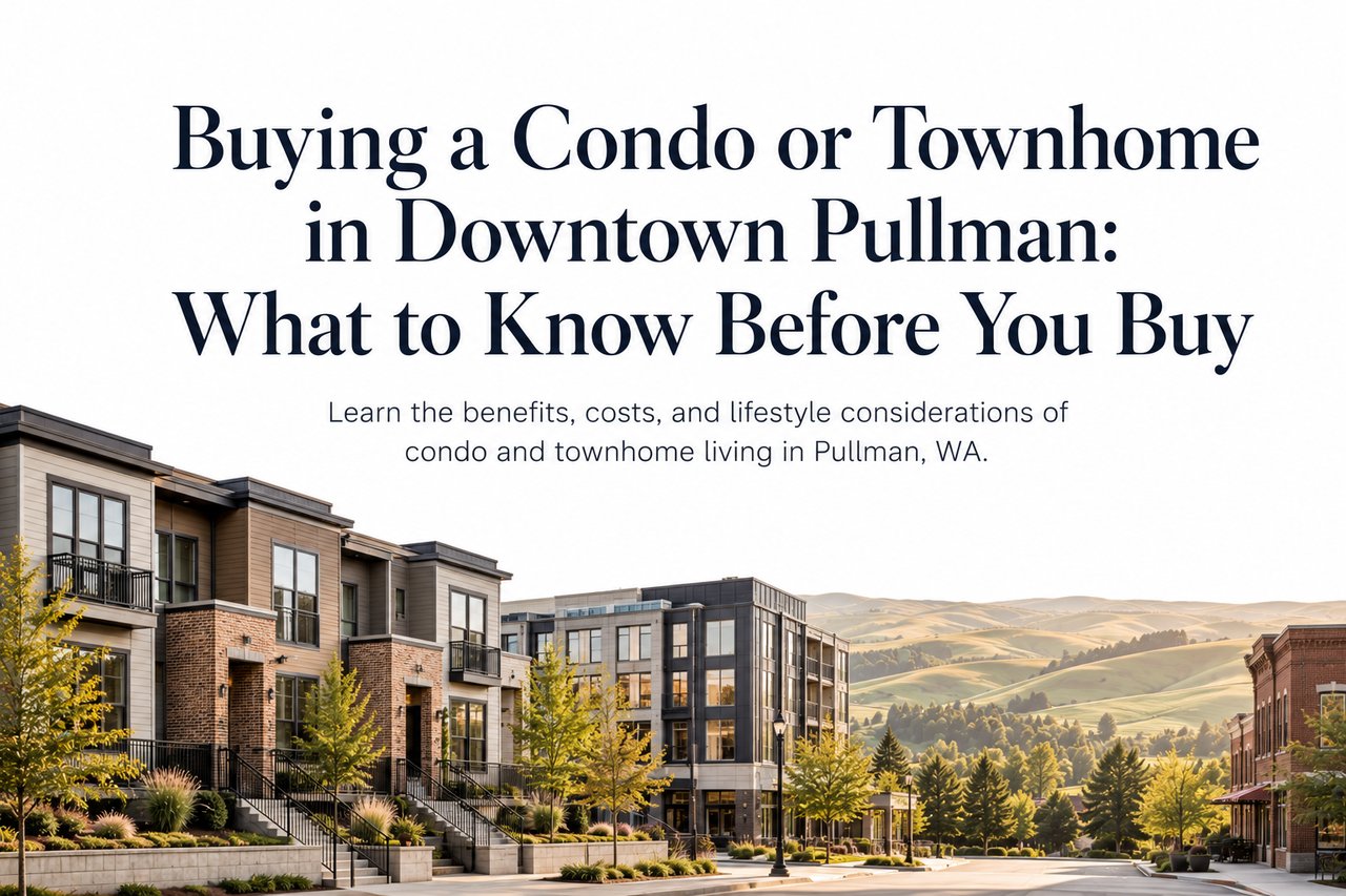 Minimalist editorial-style graphic featuring modern condominiums and townhomes in downtown Pullman with a clean urban streetscape and Palouse-inspired background.