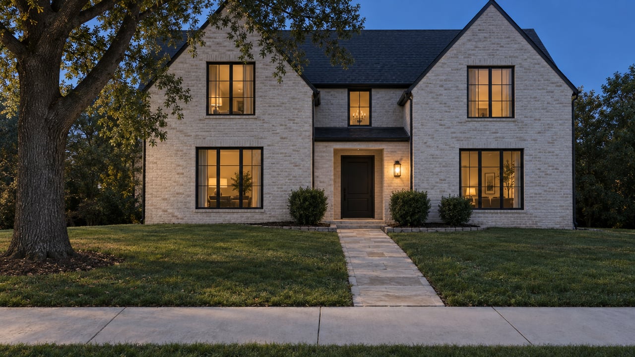 Two-story limewashed brick house beyond a broad lawn, with a limestone path and warm entry sconce at dusk.