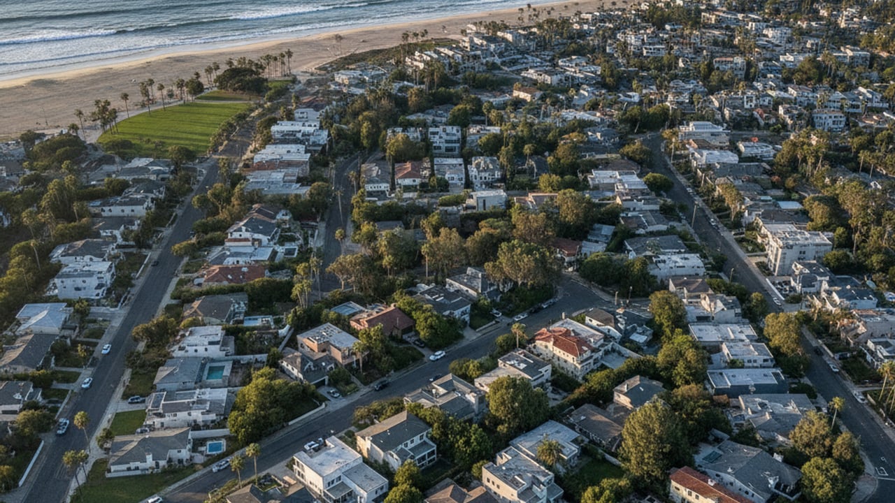 Aerial coastal neighborhood with tree-lined streets, a sandy beach, and ocean waves.