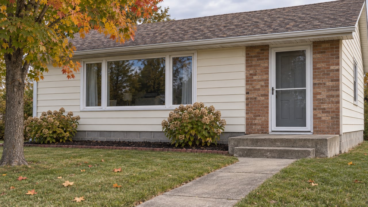Modest cream-sided ranch with a brick entry surround, concrete front walk, autumn maple leaves and dried hydrangea flowers under soft cloudy daylight.