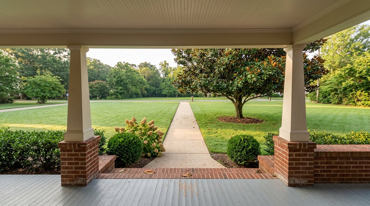 A covered porch with white columns and brick steps overlooks a lawn and magnolia tree.