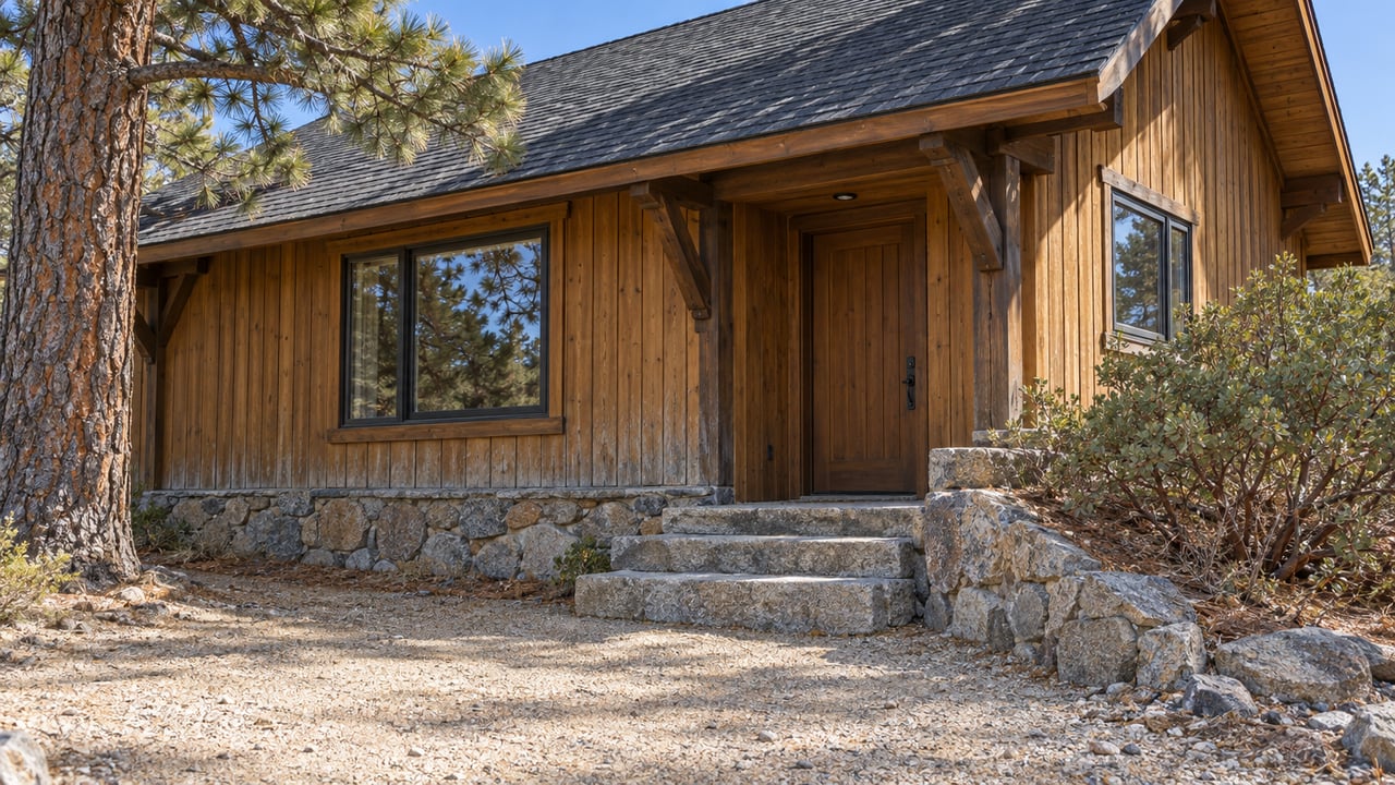 Sunlit cedar cabin with a steep roof, granite entry steps, and a pine-framed gravel front yard.