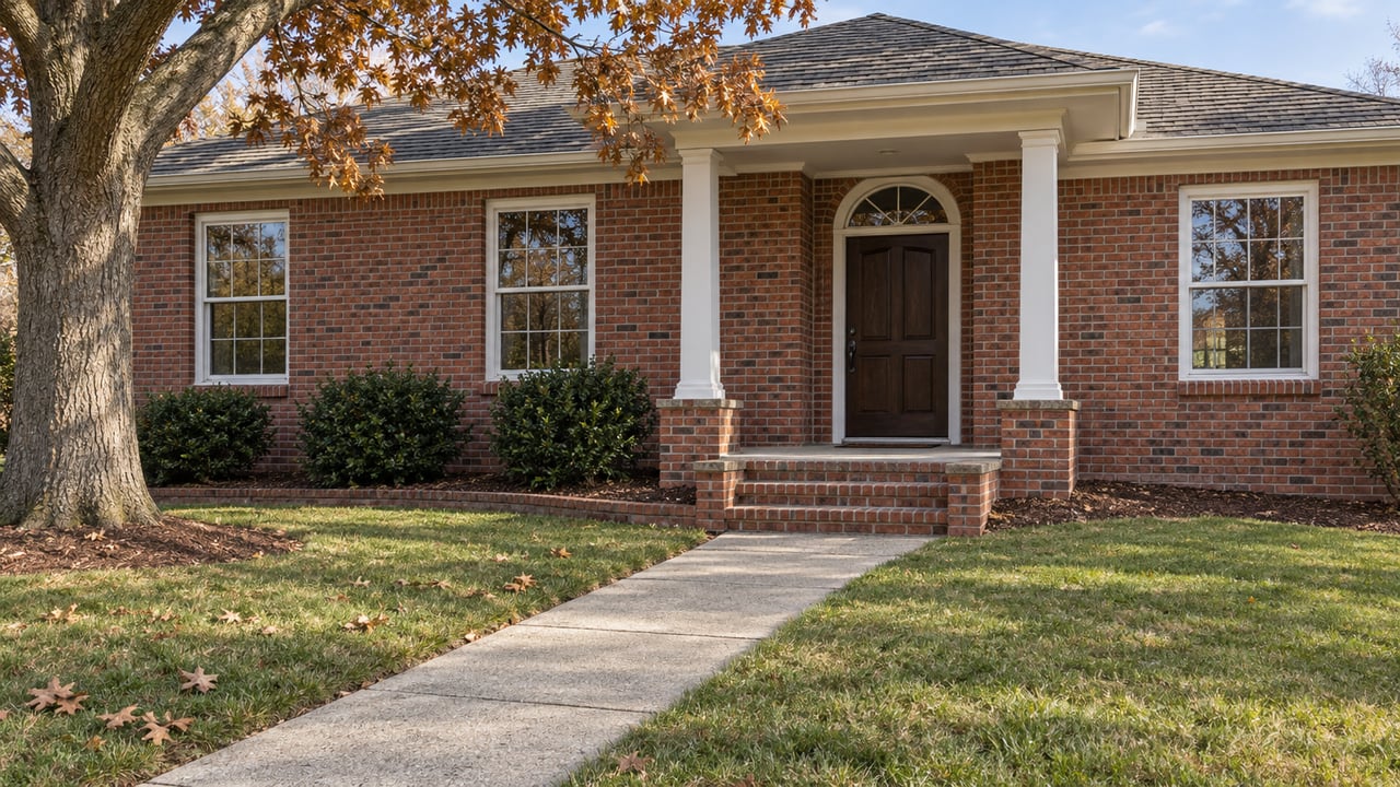 Red-brick home with white porch columns, a curved transom and a concrete walk crossing an autumn lawn beneath a mature oak.