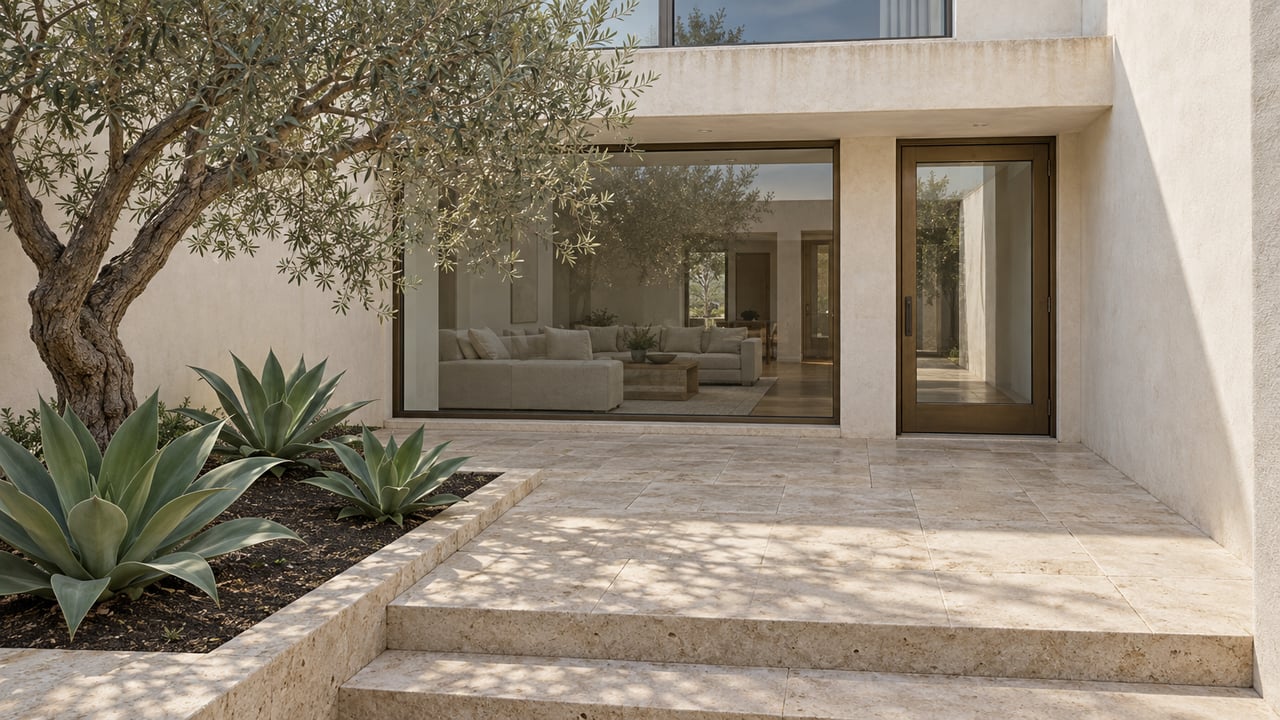 Elevated view into a compact courtyard with limestone steps, pale stucco walls, bronze-framed glass and a mature olive tree.