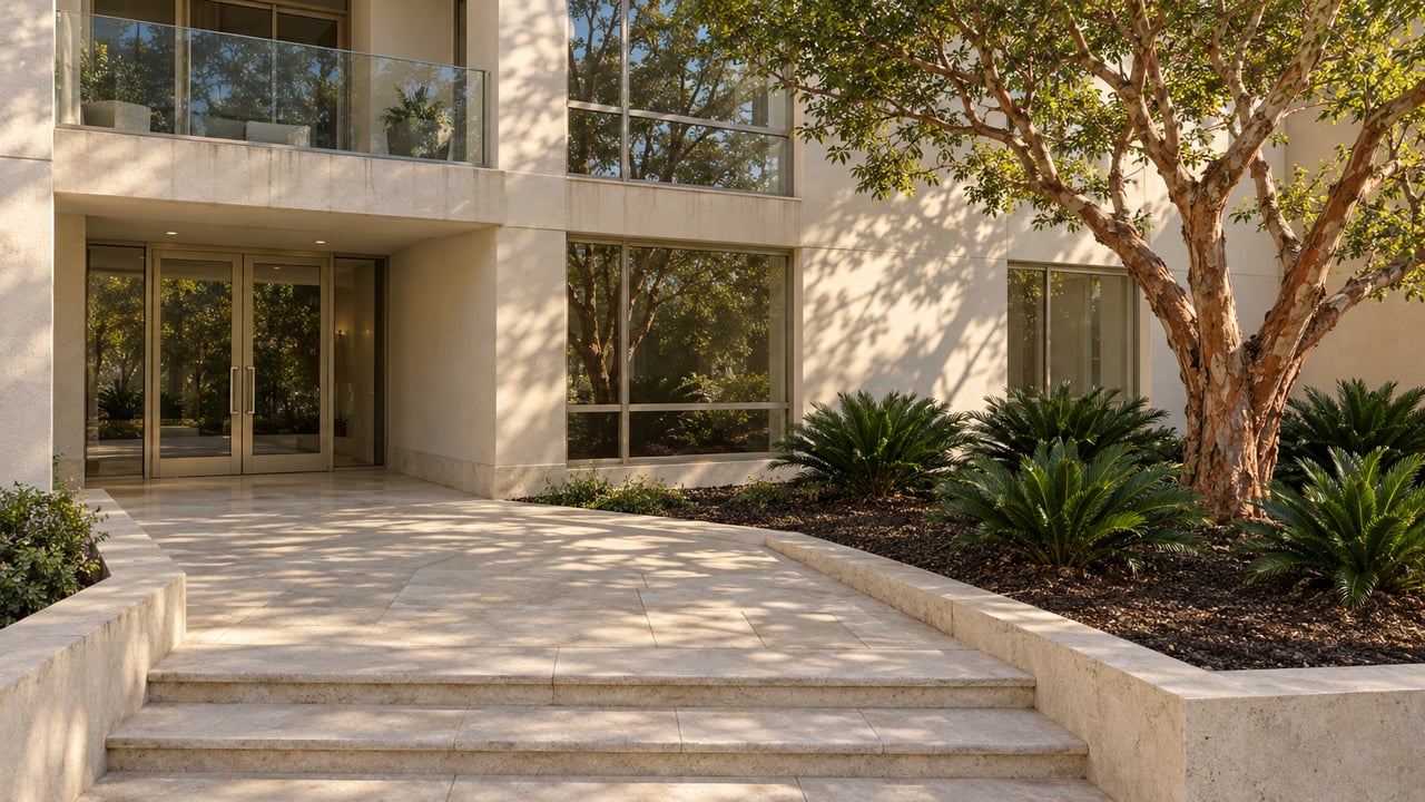 Cream-stucco condominium entrance beyond limestone steps and a planted courtyard with a copper-barked tree and low cycads.