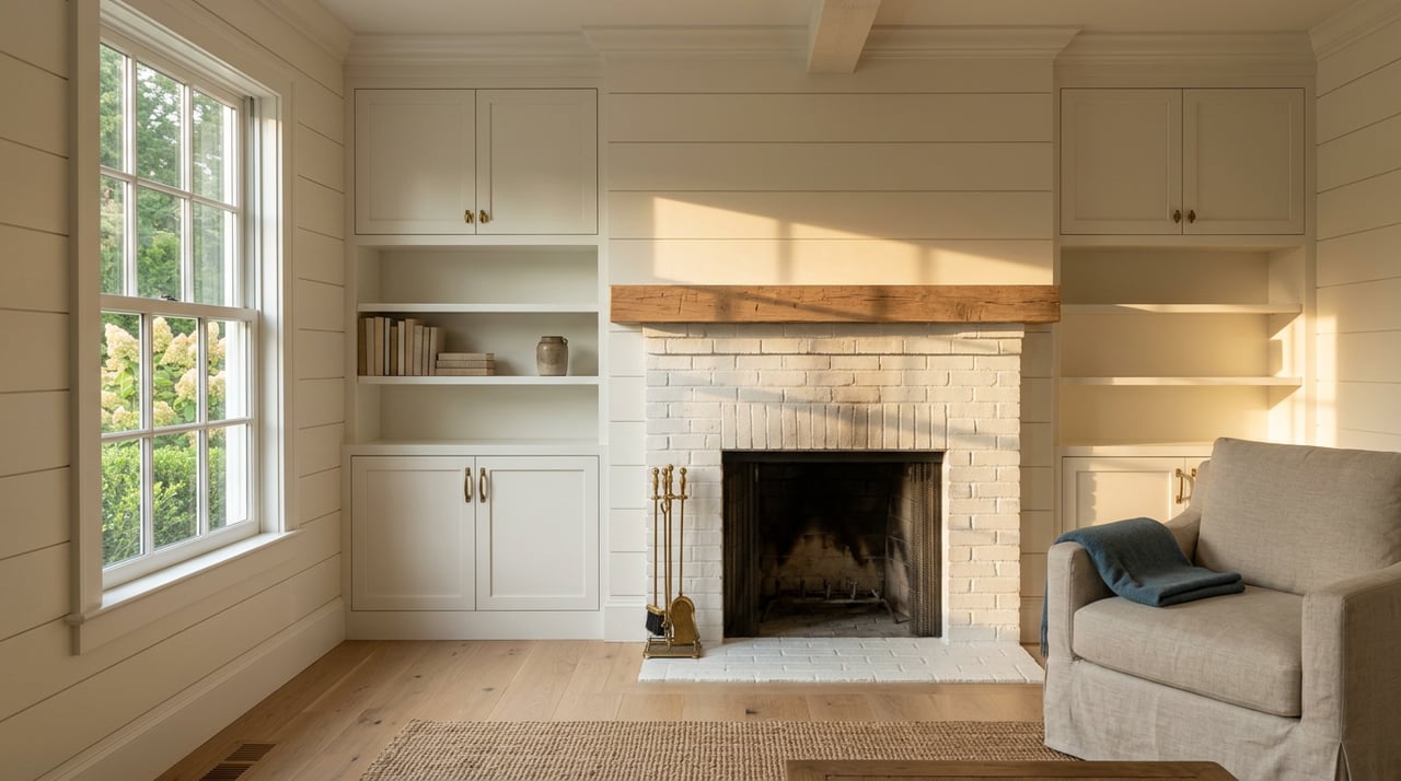 Painted-brick fireplace with a reclaimed oak mantel, white built-in shelves, and a blue throw on a linen armchair.