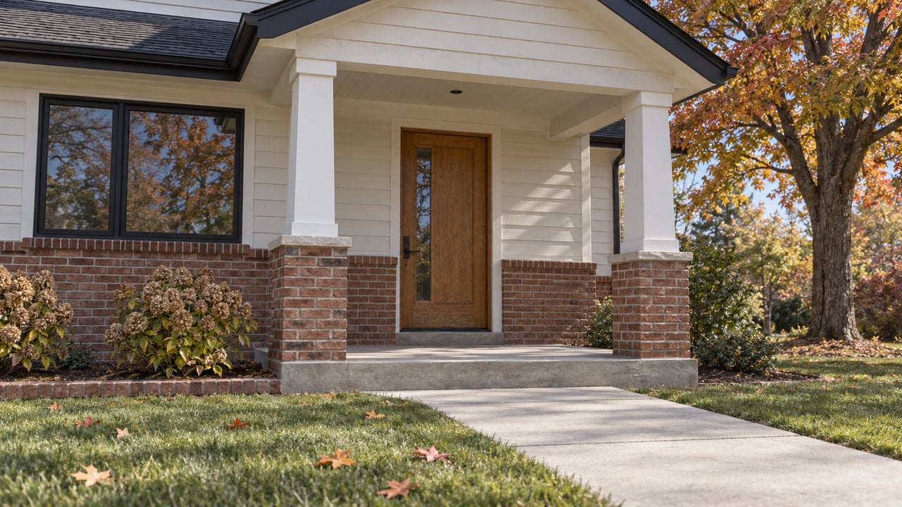 Covered front entry with cream siding, red brick porch bases, an oak door and autumn maple foliage beside a concrete walk.