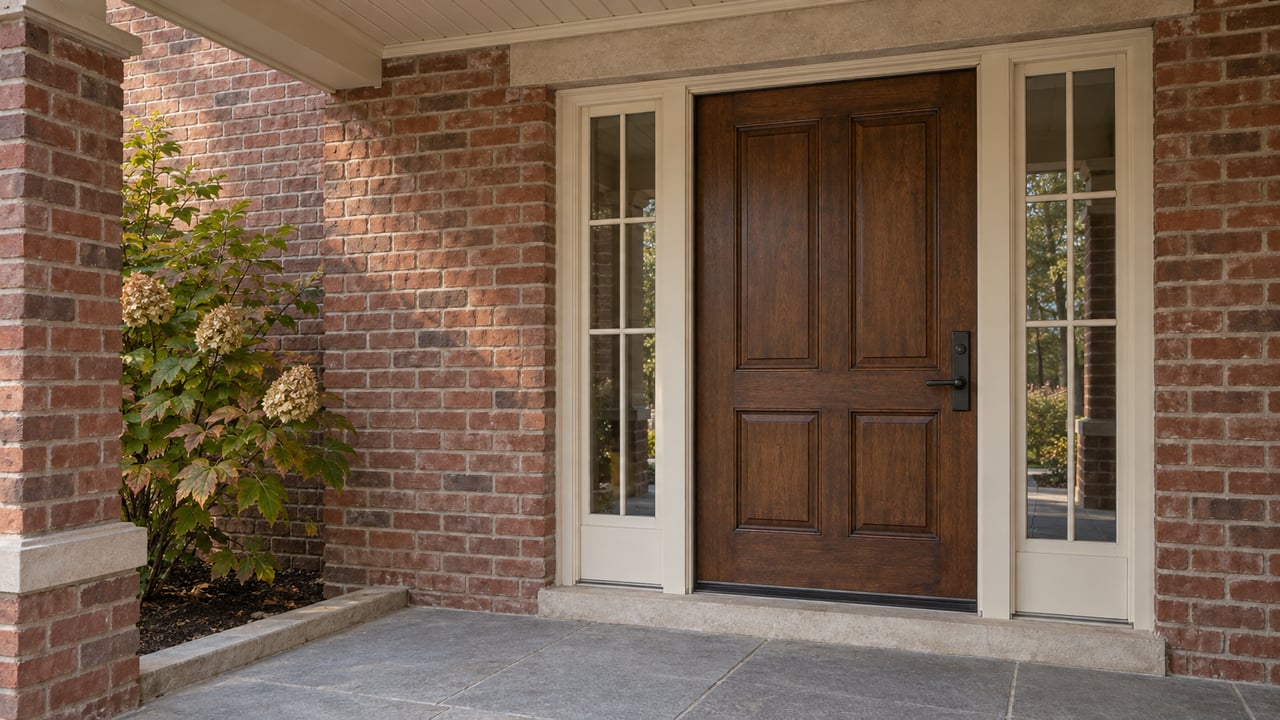 Covered brick entry with a dark oak door, paired glazed sidelights, limestone paving, and an oakleaf hydrangea.